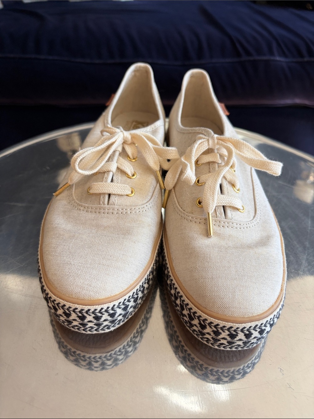 Keds Cream with Gold Fleck Canvas Sneakers with Black and Cream Trim